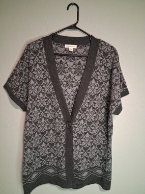 Coldwater Creek Grey Floral Button Cardigan Short Sleeve 1X Wool Blend